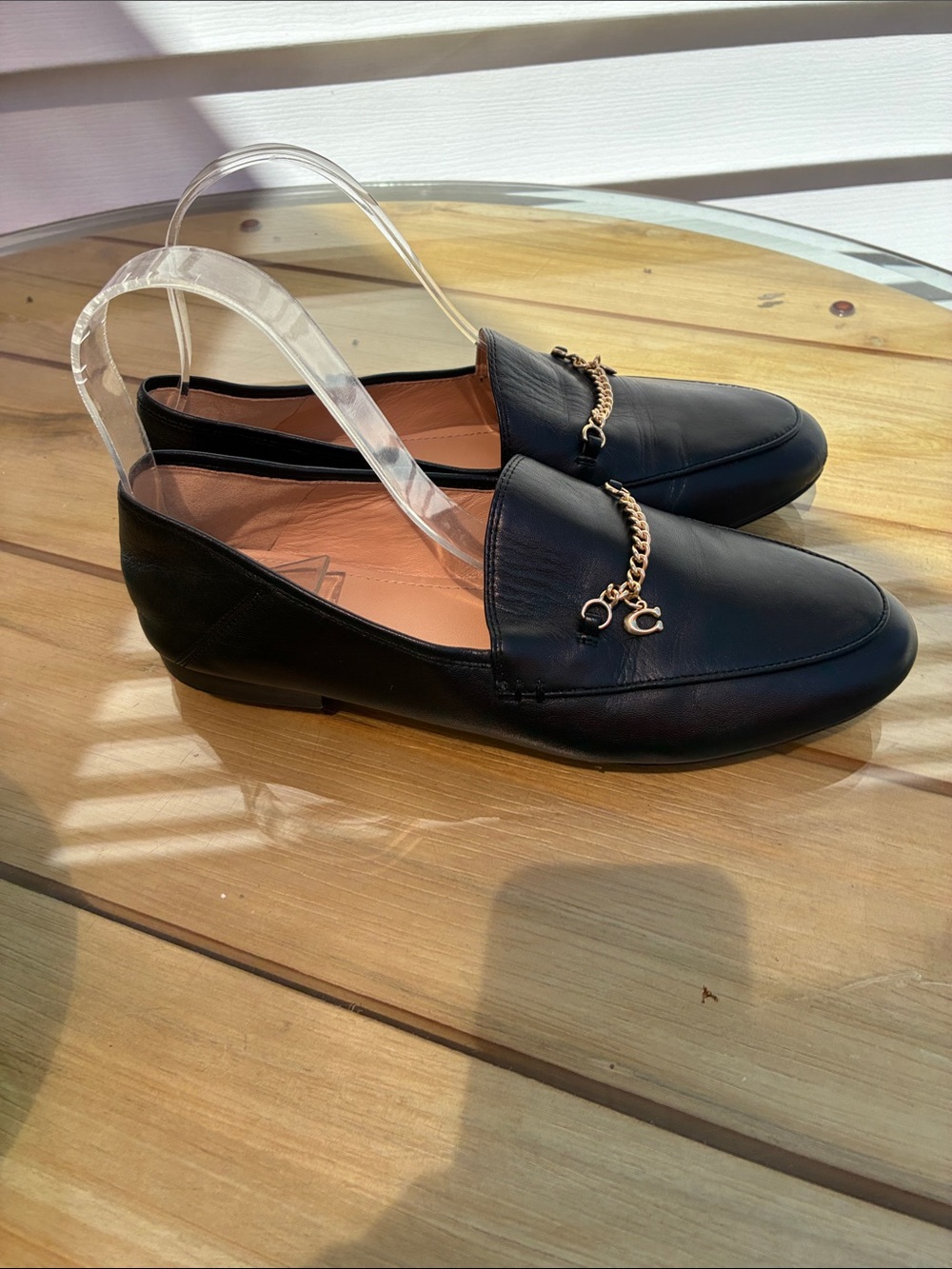 Coach Black Leather Loafers with Gold Chain Accent - Picture 3 of 8